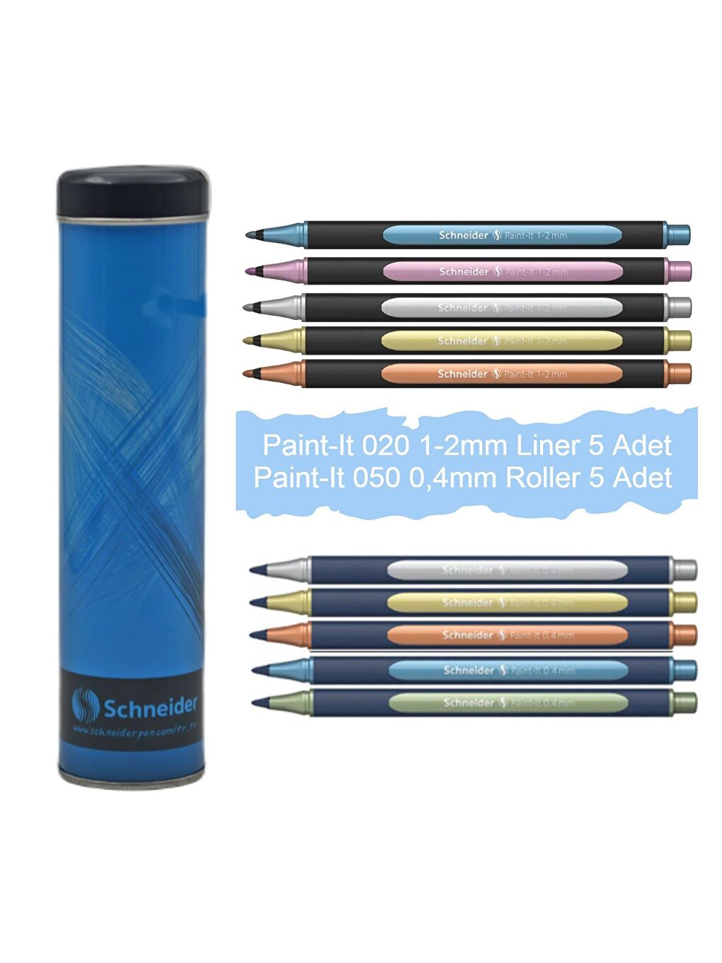 Schneider Karışık Asorti Paint-It 020 1-2mm Liner +050 0.4 mm Roller Kalem Metal Tüp 10 Lu Set SCR514