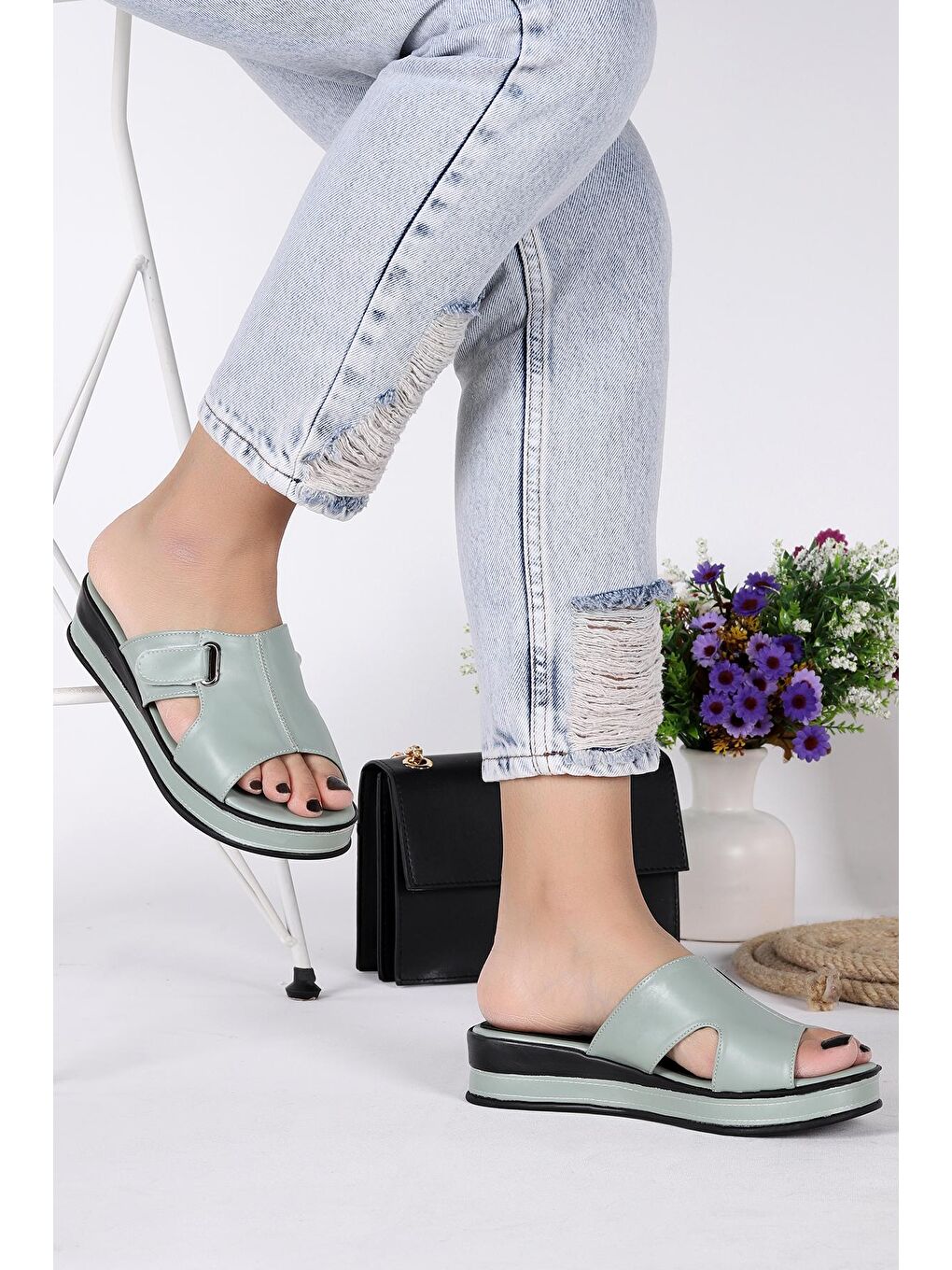 Yeşil Cırtlı Günlük Kadın Terlik Plt 164-2