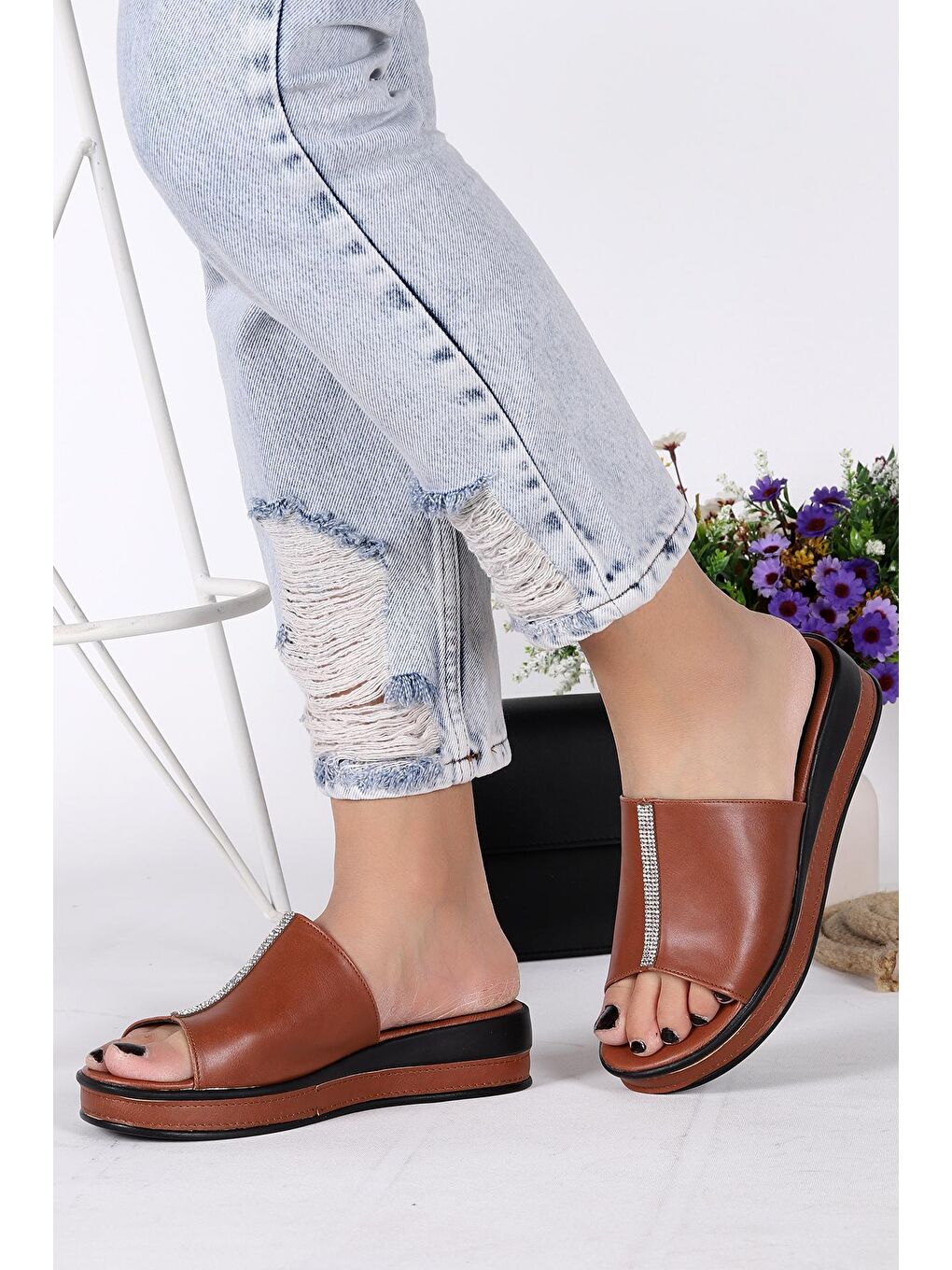 Kahverengi Taşlı Günlük Kadın Terlik Plt 153-1