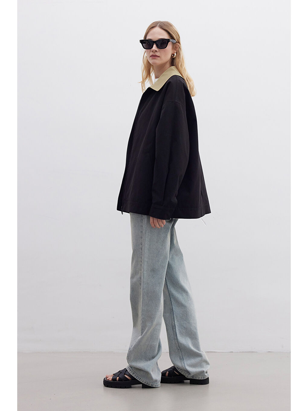 Kontrast Yakalı Gabardin Ceket Siyah-4