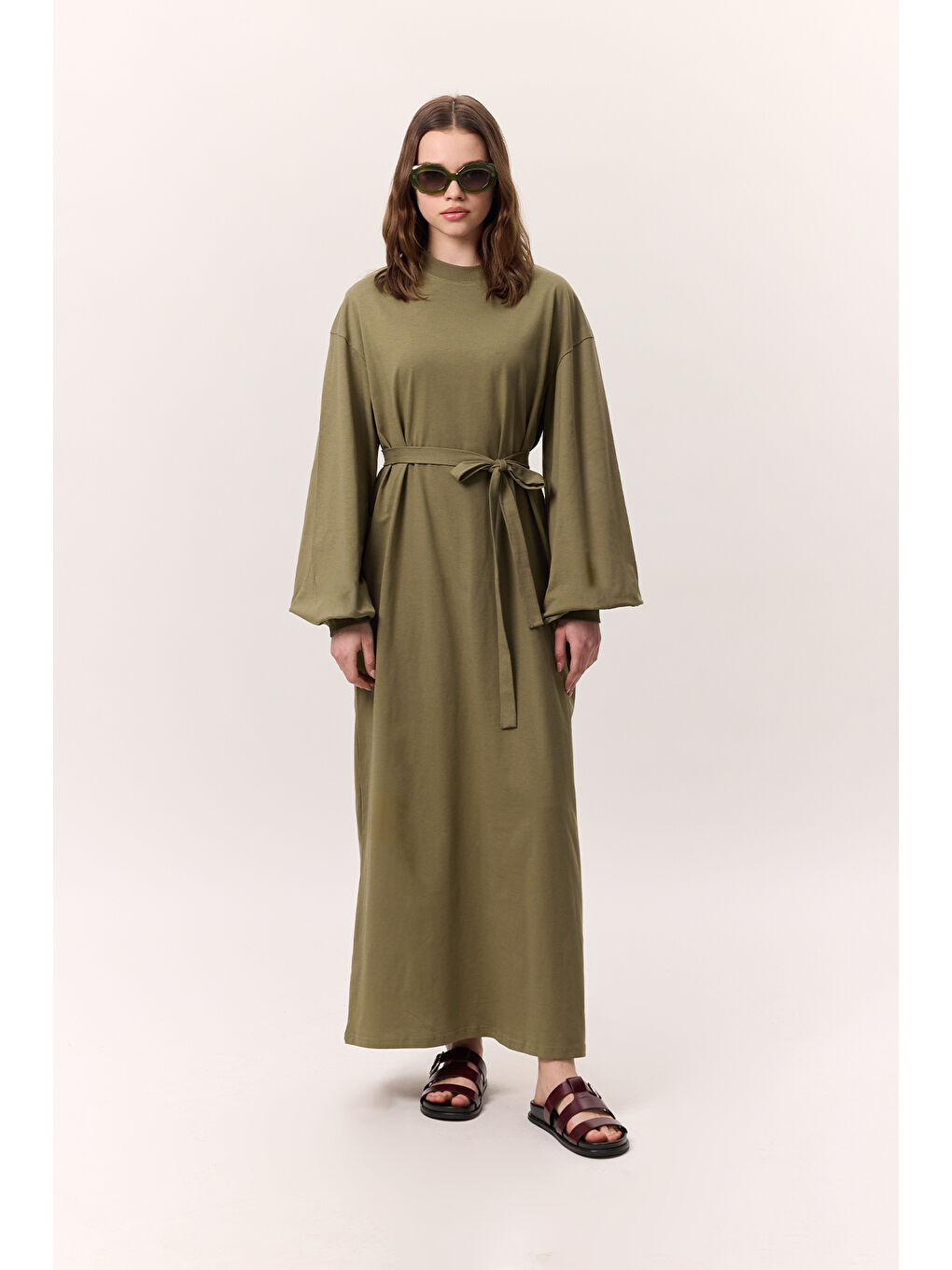 Balon Kollu Uzun Rahat Elbise Haki