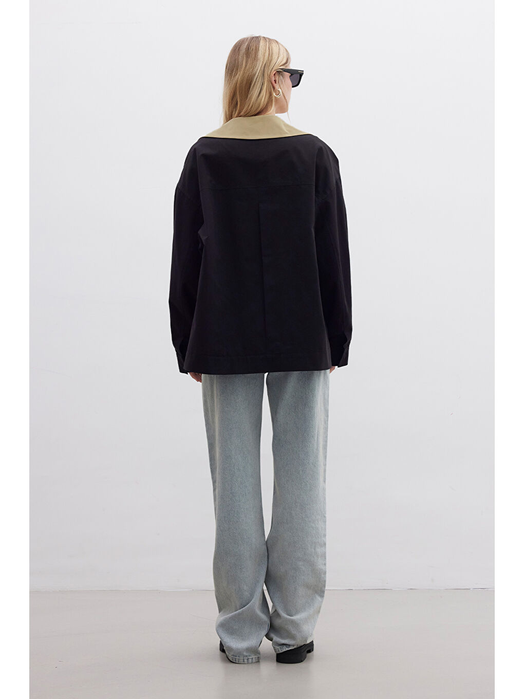 Kontrast Yakalı Gabardin Ceket Siyah-5