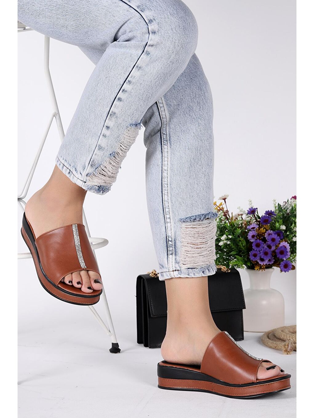 Kahverengi Taşlı Günlük Kadın Terlik Plt 153-2