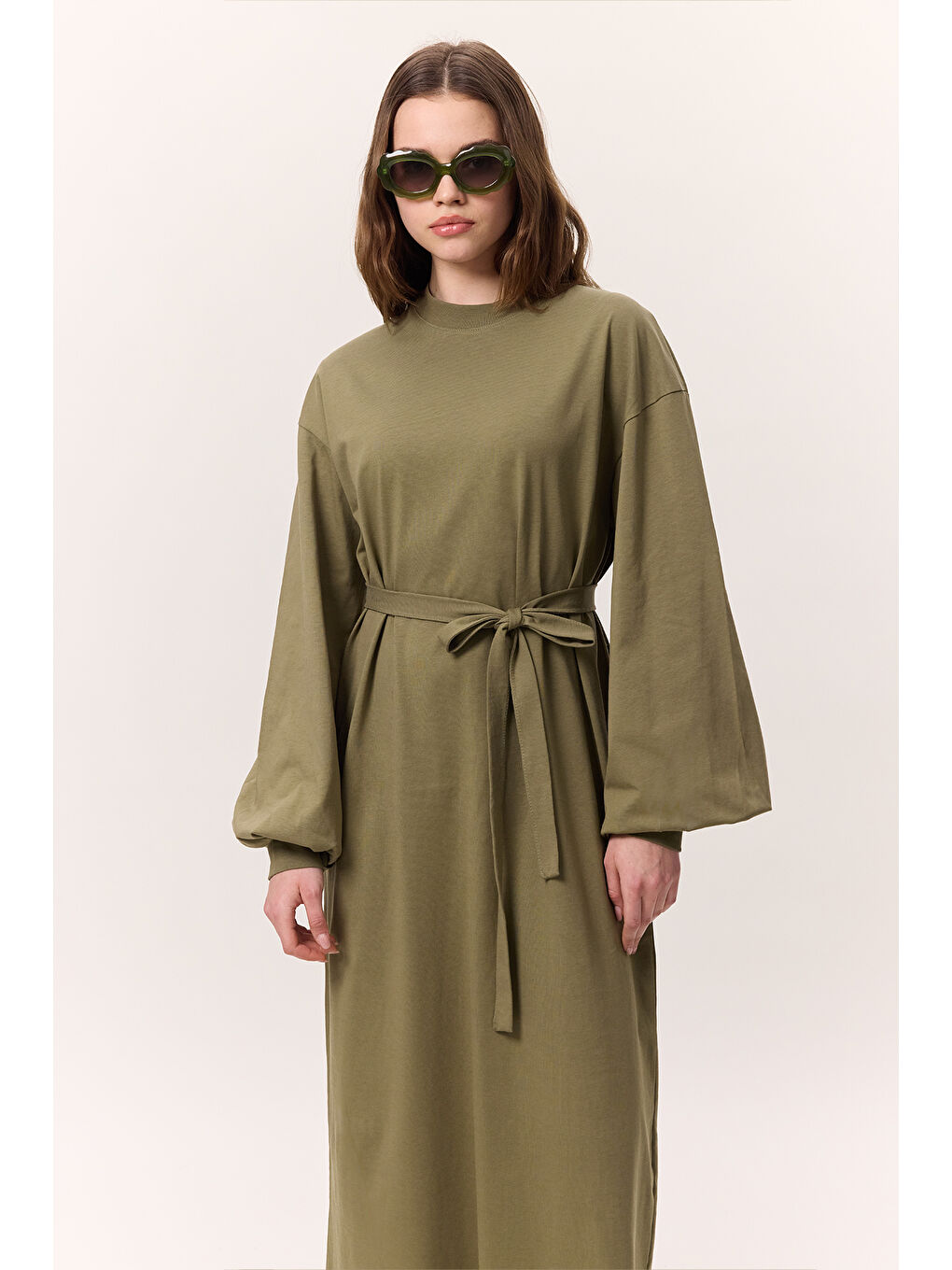 Balon Kollu Uzun Rahat Elbise Haki-1