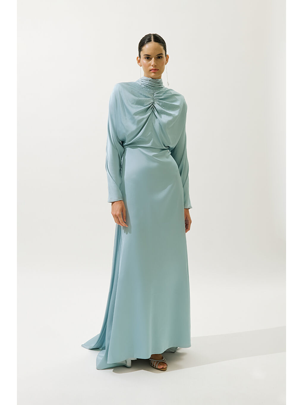 L'amour Taşlı Abiye Elbise Mavi-2