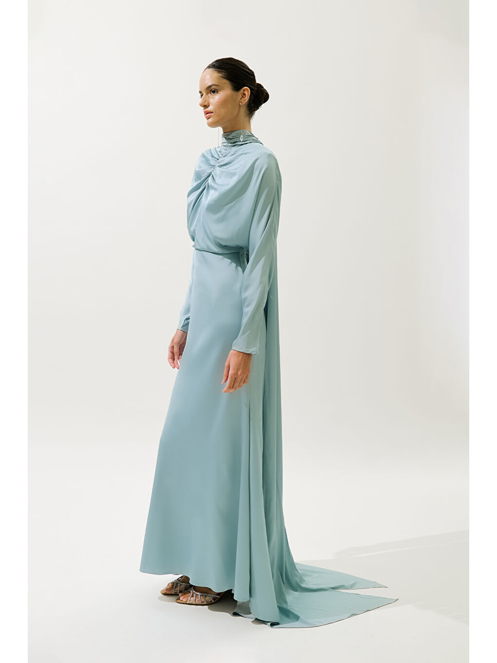 L'amour Taşlı Abiye Elbise Mavi-4