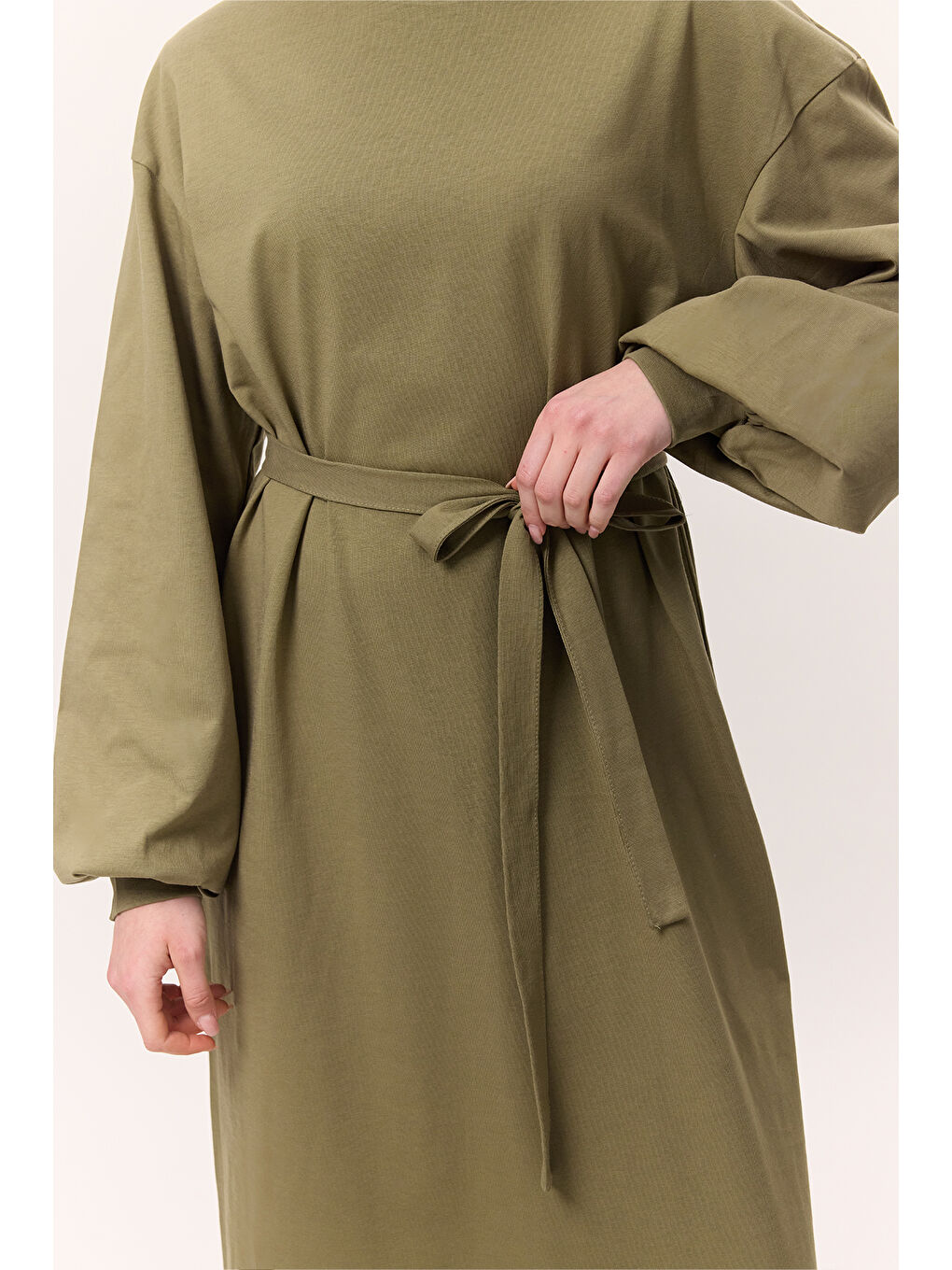 Balon Kollu Uzun Rahat Elbise Haki-3