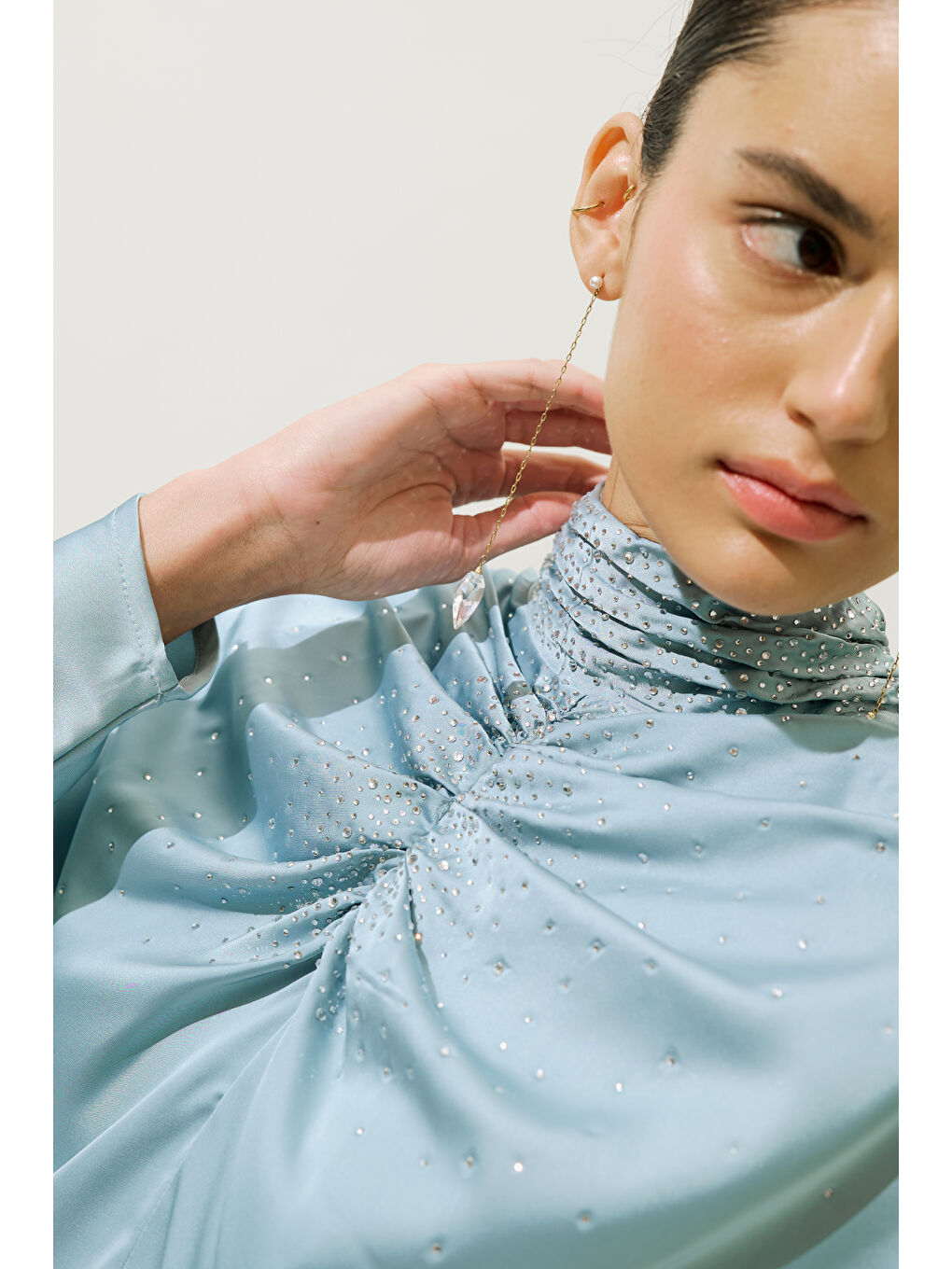 L'amour Taşlı Abiye Elbise Mavi-5