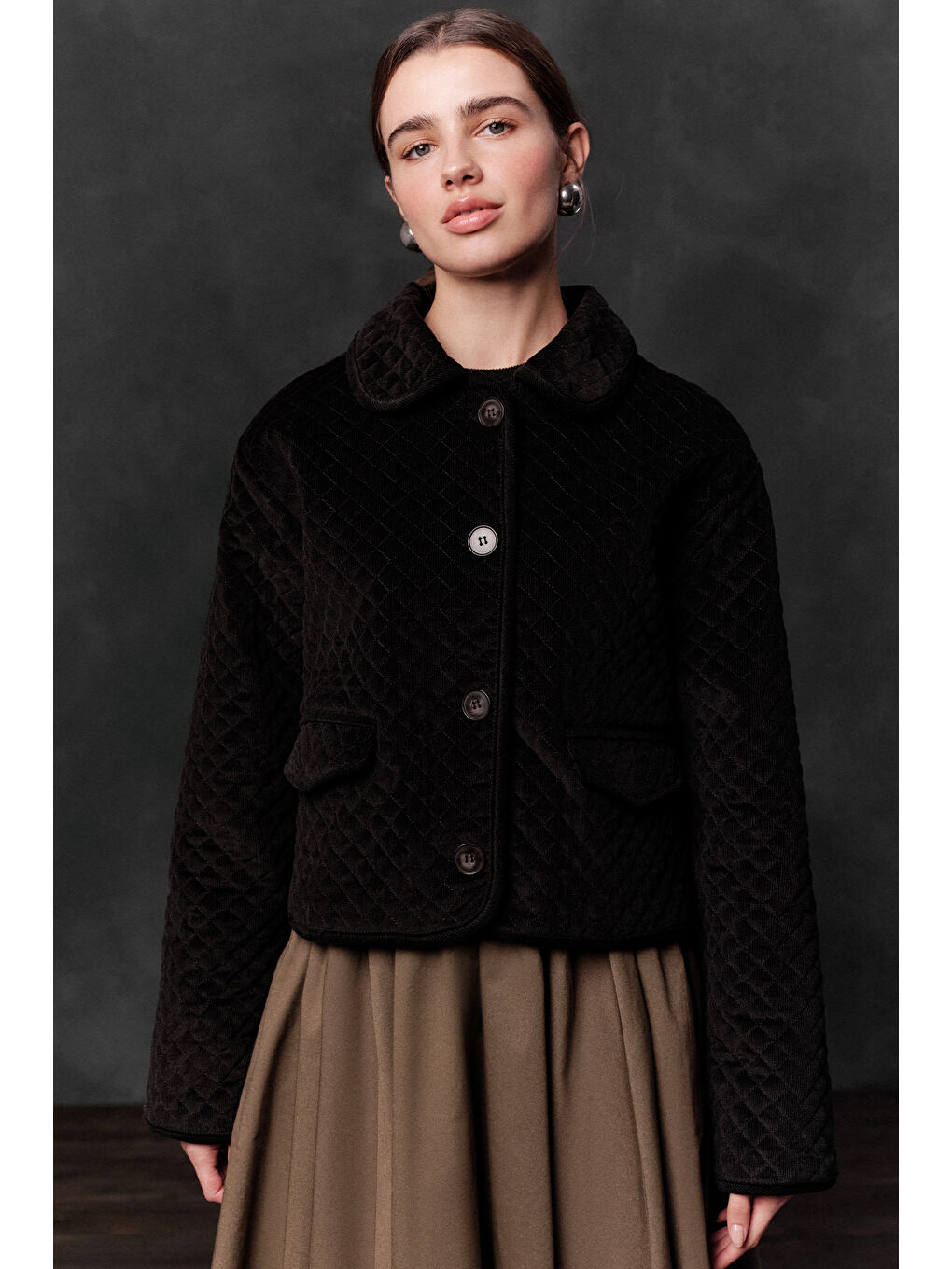 Kapitone Kadife Ceket Siyah-1