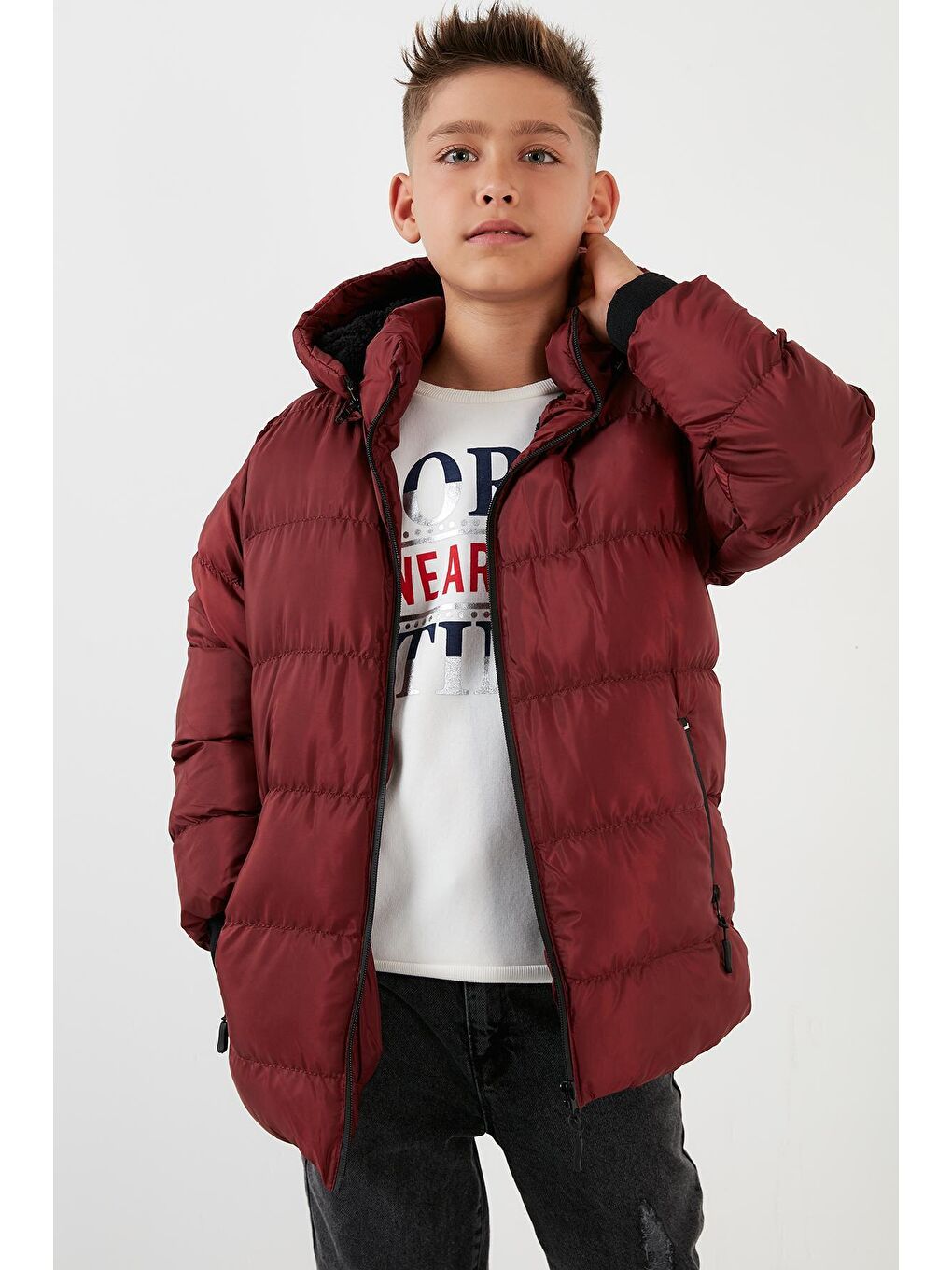 Lela Bordo İçi Peluş Astarlı Çıkarılabilir Kapüşonlu Şişme Mont 576220K