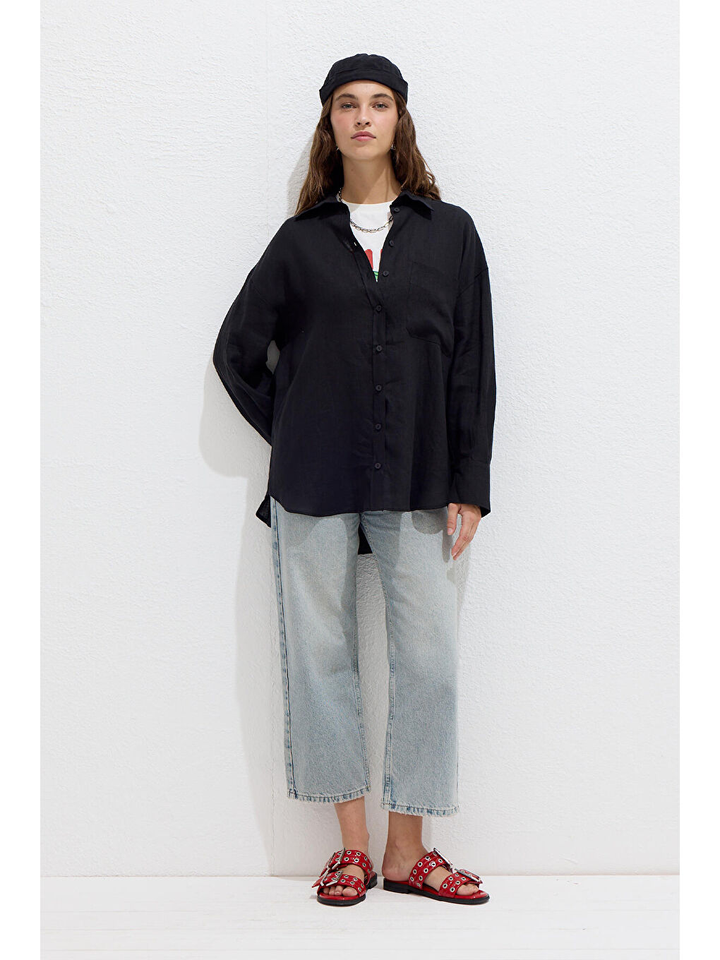 İnce Keten Oversize Gömlek Siyah-1