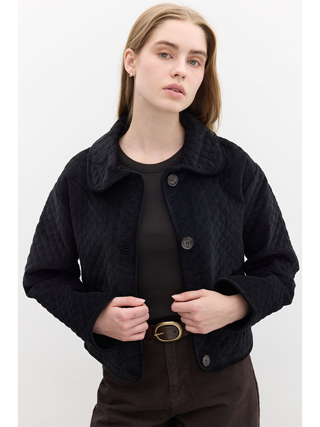 Kapitone Kadife Ceket Siyah-3