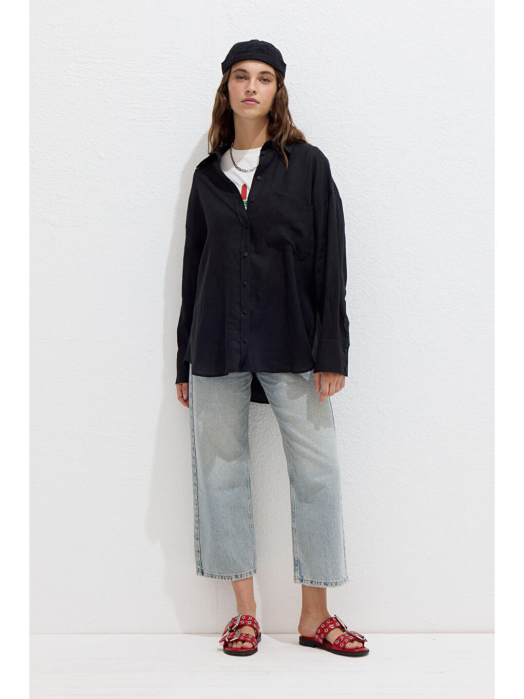 İnce Keten Oversize Gömlek Siyah-3