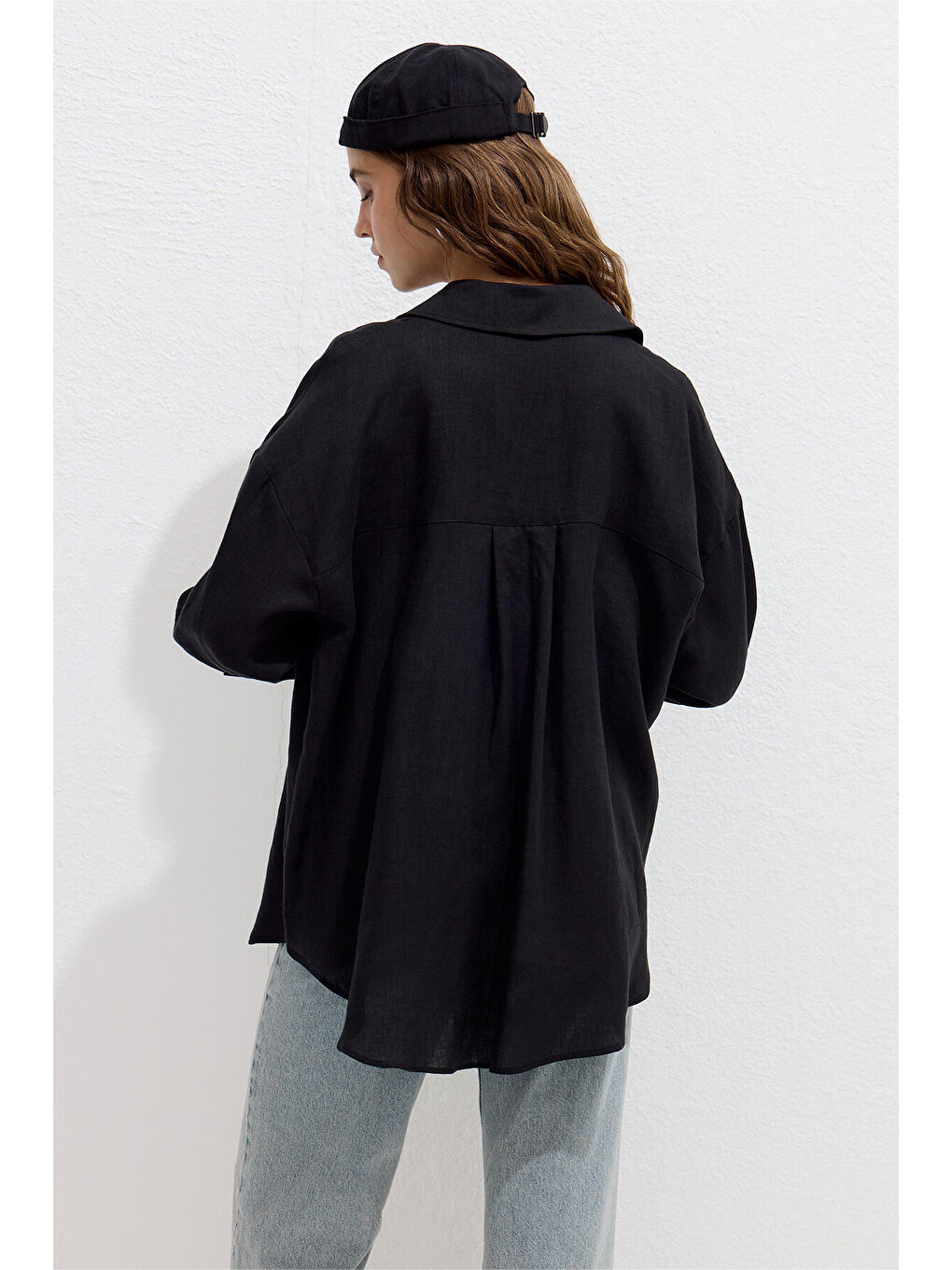 İnce Keten Oversize Gömlek Siyah-4