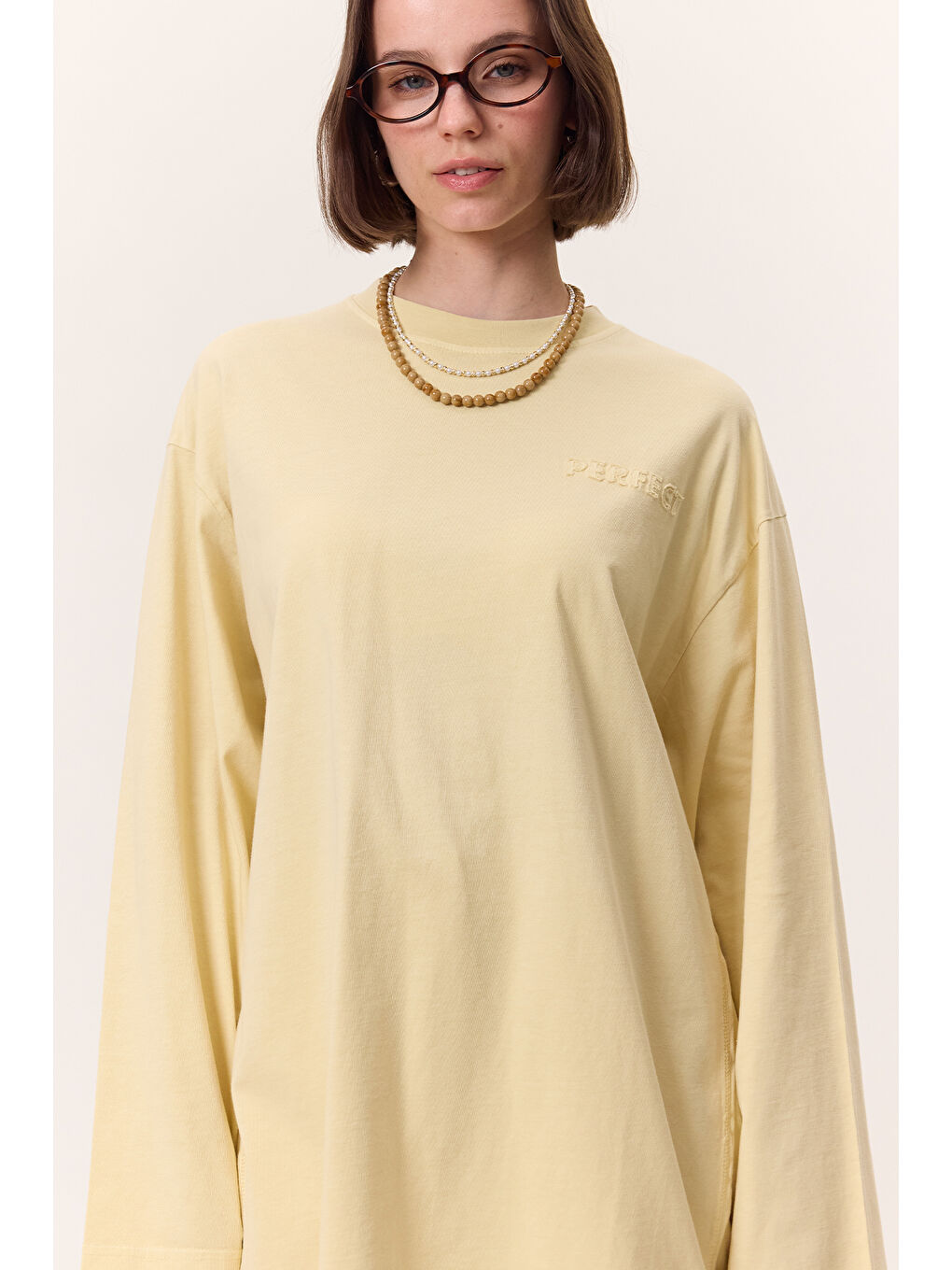 Yıkama Efektli Uzun Kollu Tshırt Sarı-1