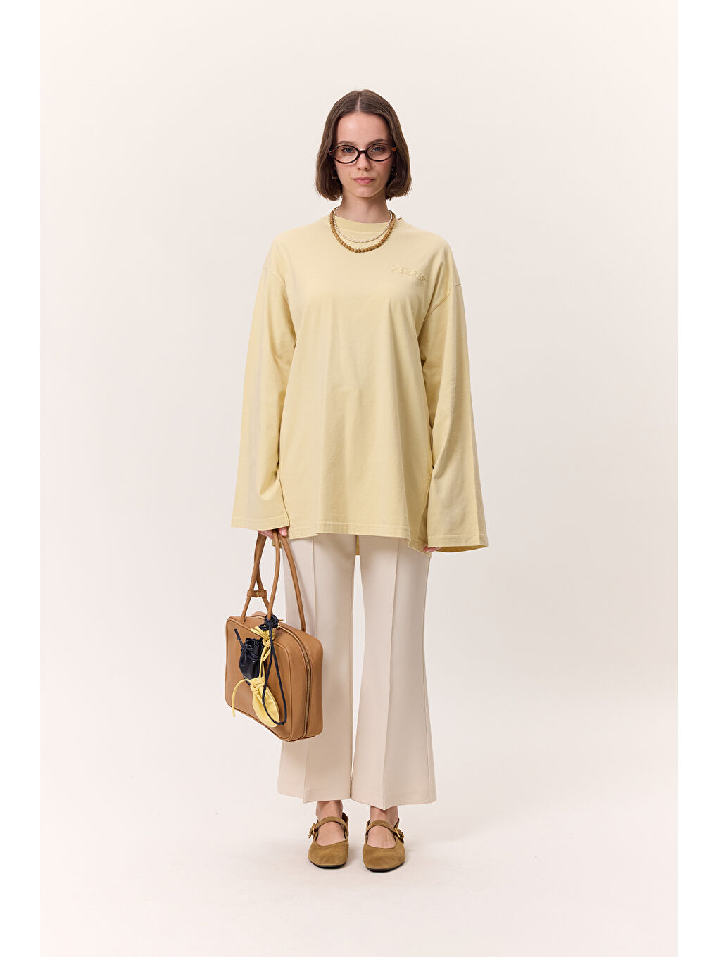 Yıkama Efektli Uzun Kollu Tshırt Sarı-2