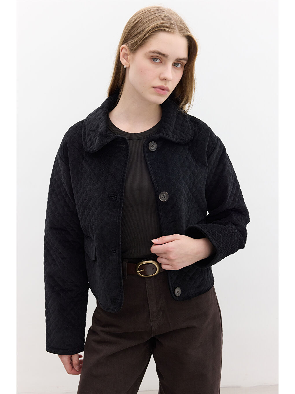 Kapitone Kadife Ceket Siyah-5