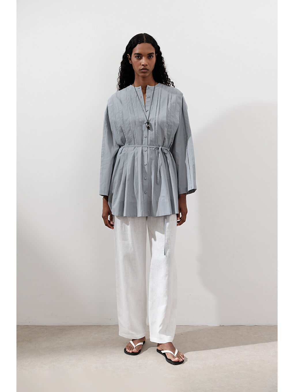 Nervürlü Geniş Kollu Tunik Mavi