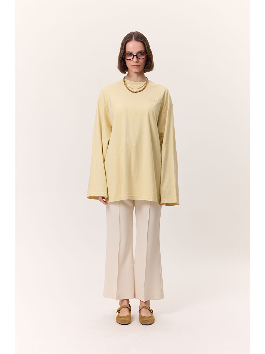 Yıkama Efektli Uzun Kollu Tshırt Sarı-4