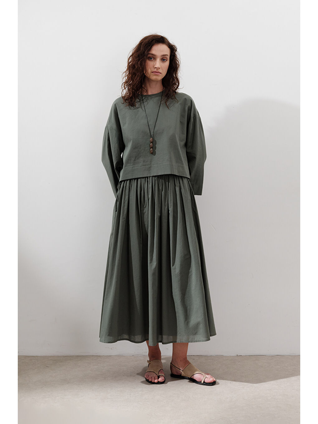 Pamuklu Crop Uzun Kol Bluz Çam Yeşili-3