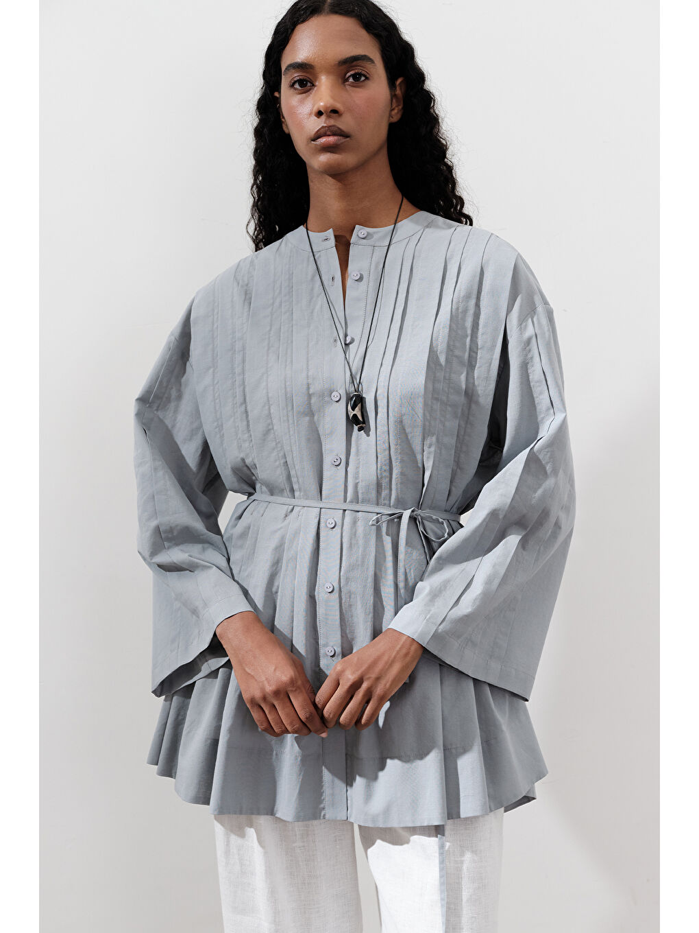 Nervürlü Geniş Kollu Tunik Mavi-1