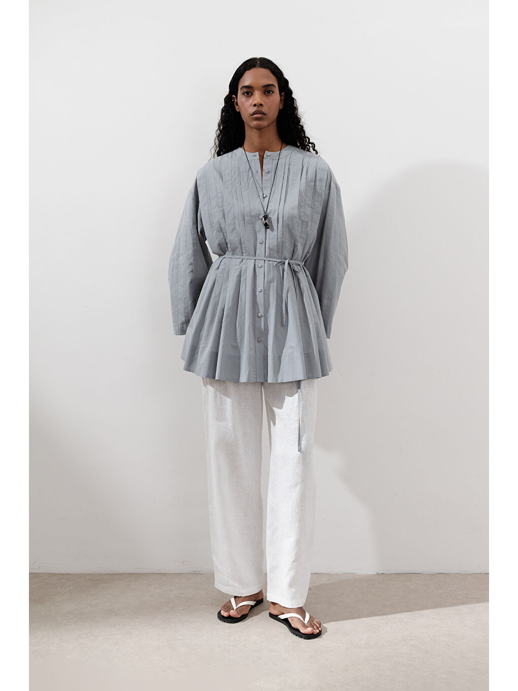 Nervürlü Geniş Kollu Tunik Mavi-2