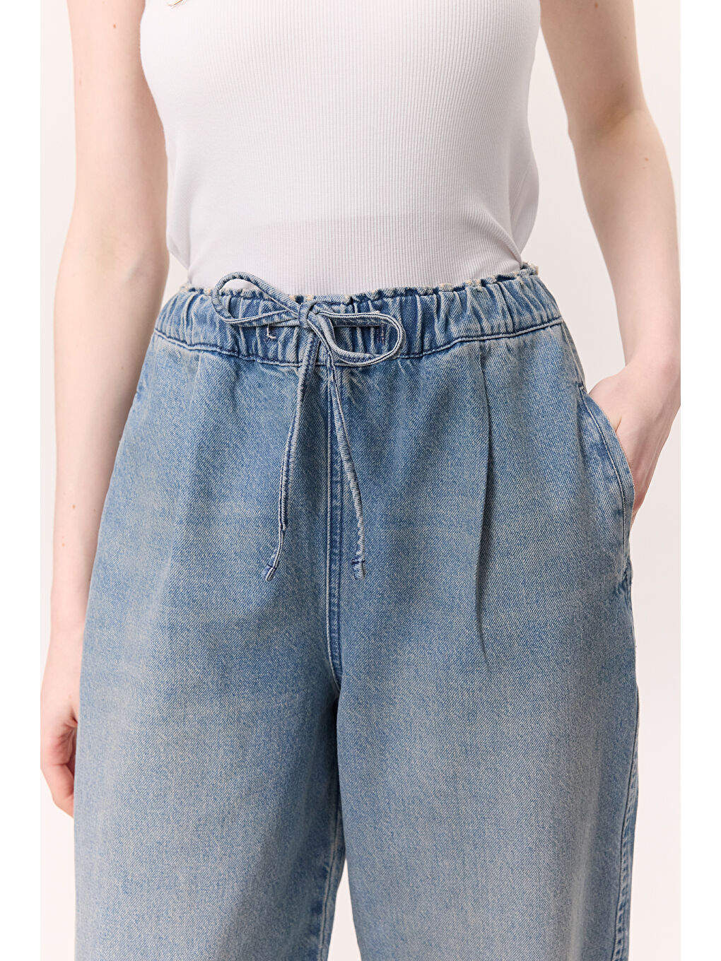 Bel Ayarlamalı Rahat Denım Pantolon Mavi-5