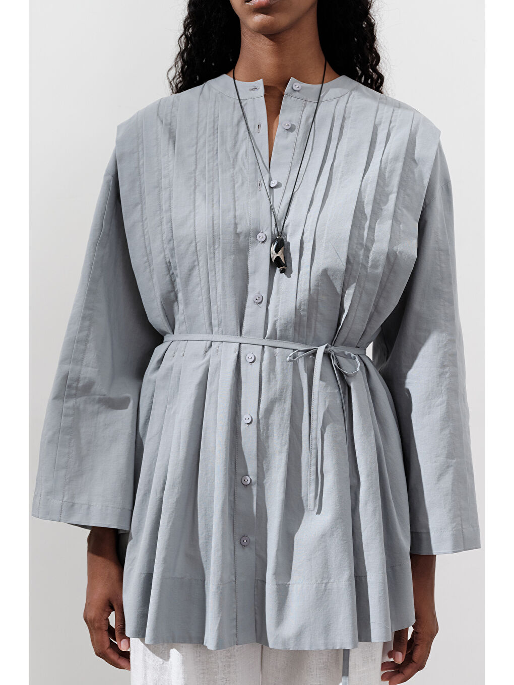 Nervürlü Geniş Kollu Tunik Mavi-3