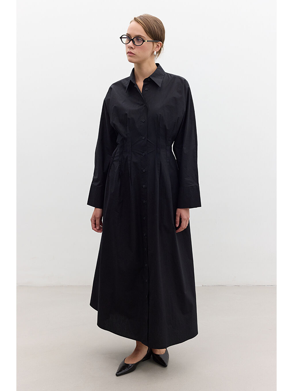 Pile Detaylı Gömlek Elbise Siyah-1