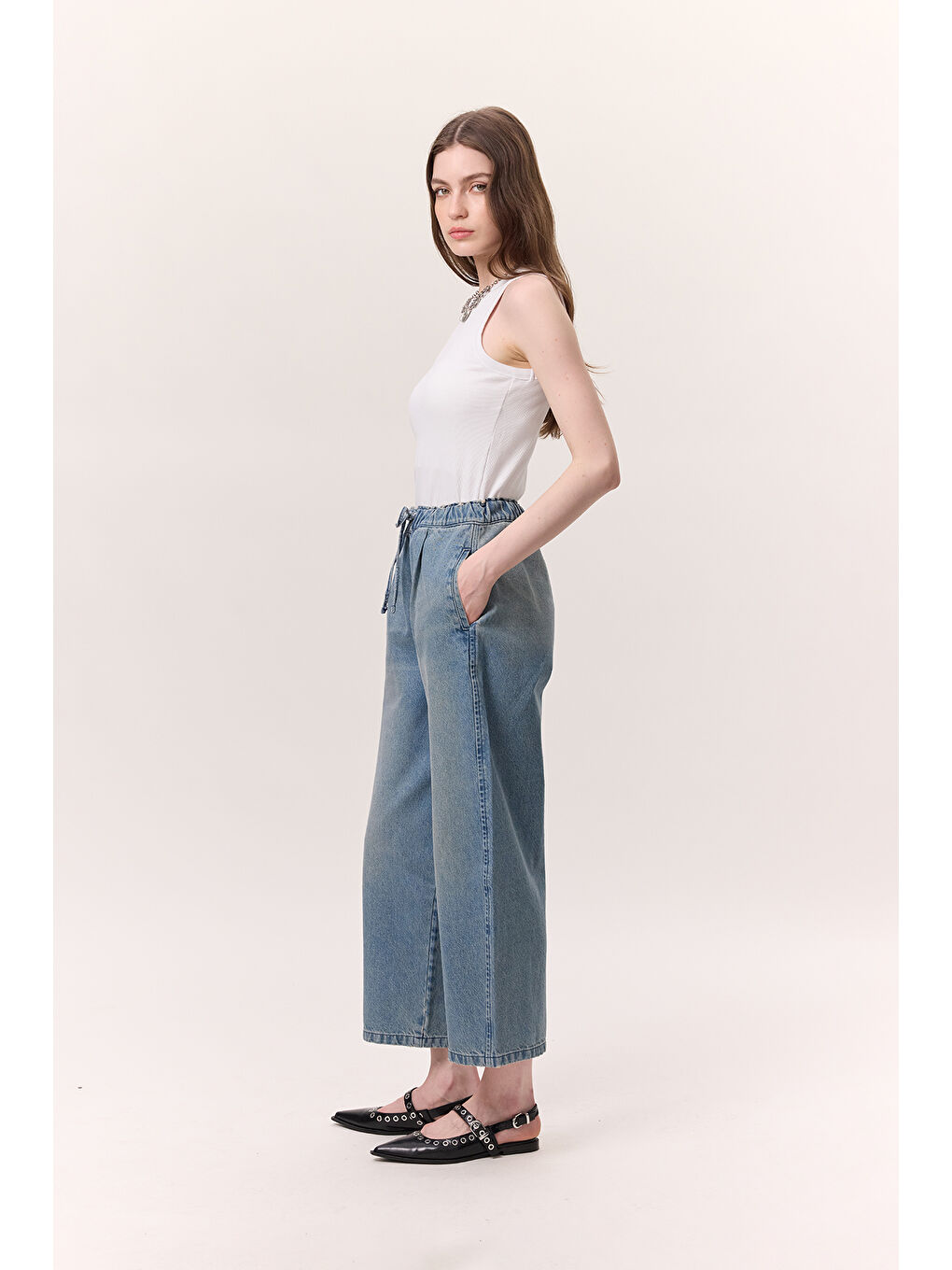 Bel Ayarlamalı Rahat Denım Pantolon Mavi-6