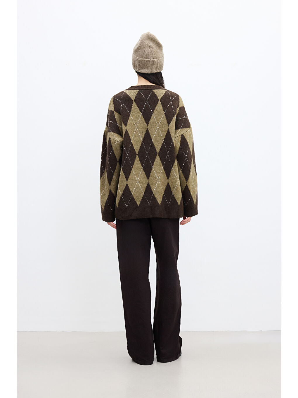 Baklava Desenli Oversize Kazak Kahverengi-3