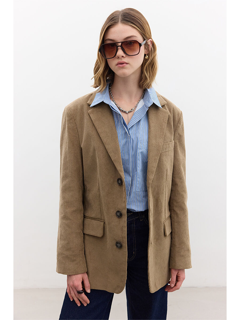 Kahverengi Fitilli Kadife Blazer Ceket Camel