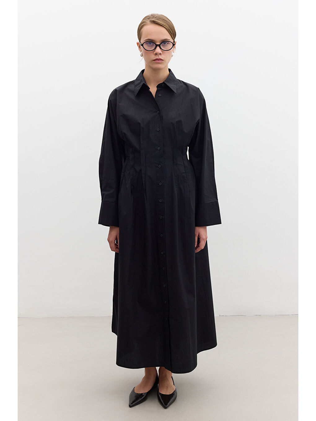 Pile Detaylı Gömlek Elbise Siyah-4
