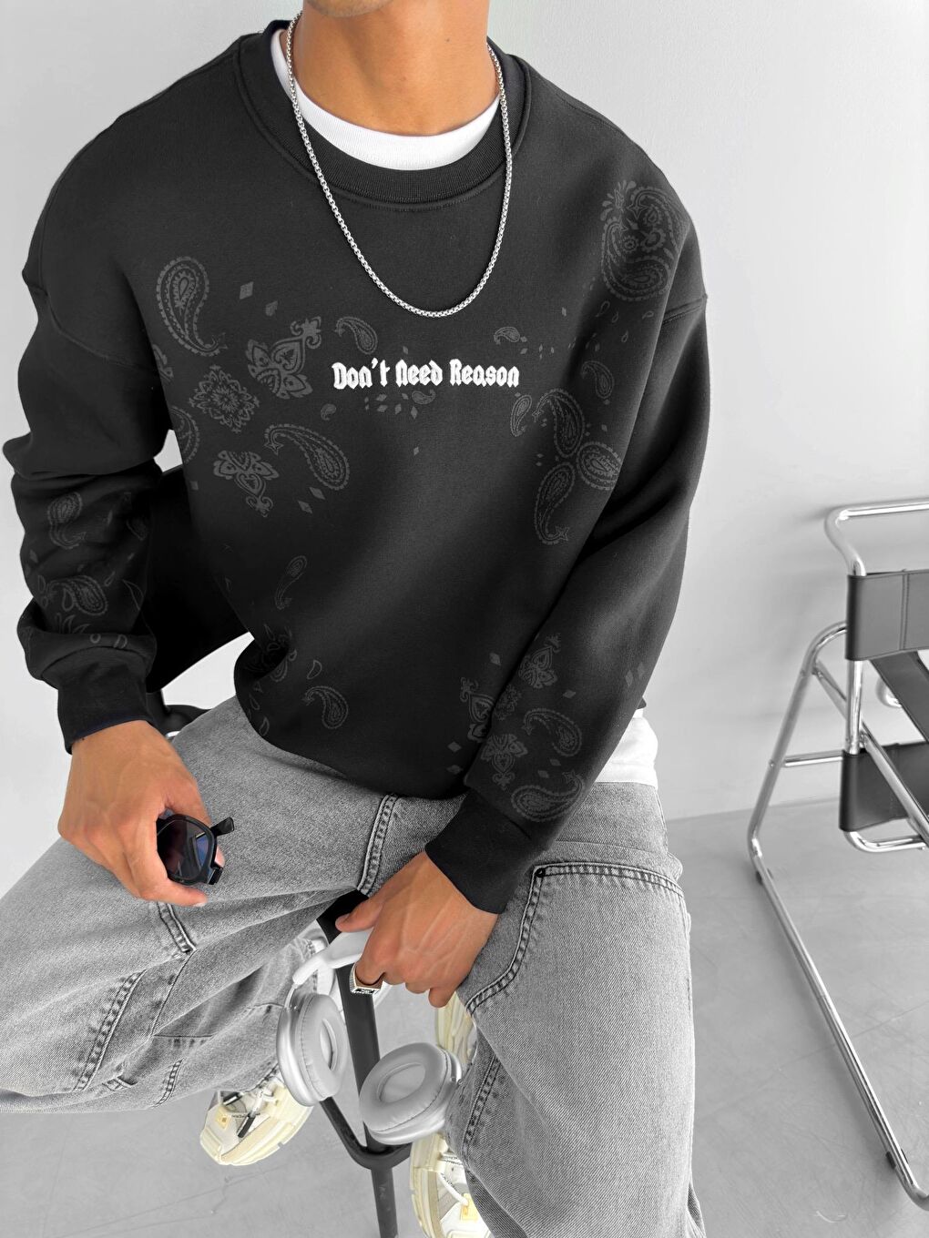 Oversize Baskılı Sweatshirt Siyah