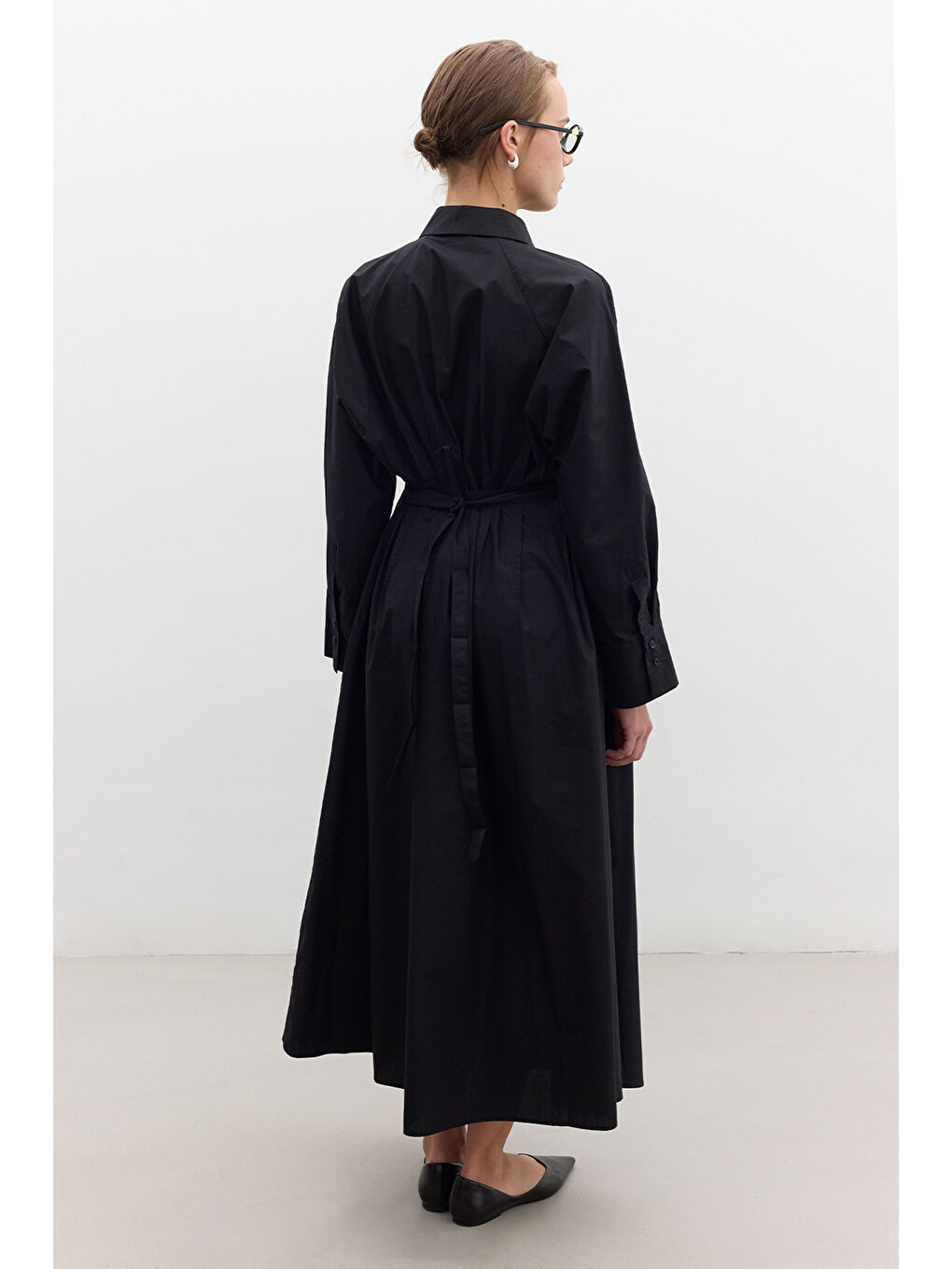 Pile Detaylı Gömlek Elbise Siyah-5