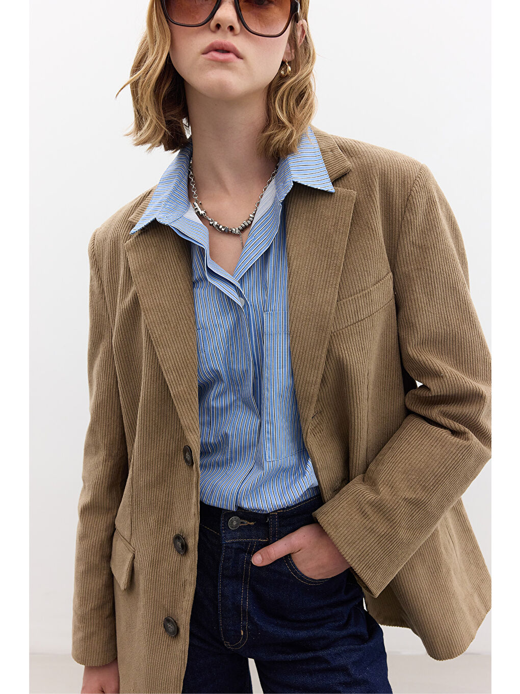 Kahverengi Fitilli Kadife Blazer Ceket Camel-2