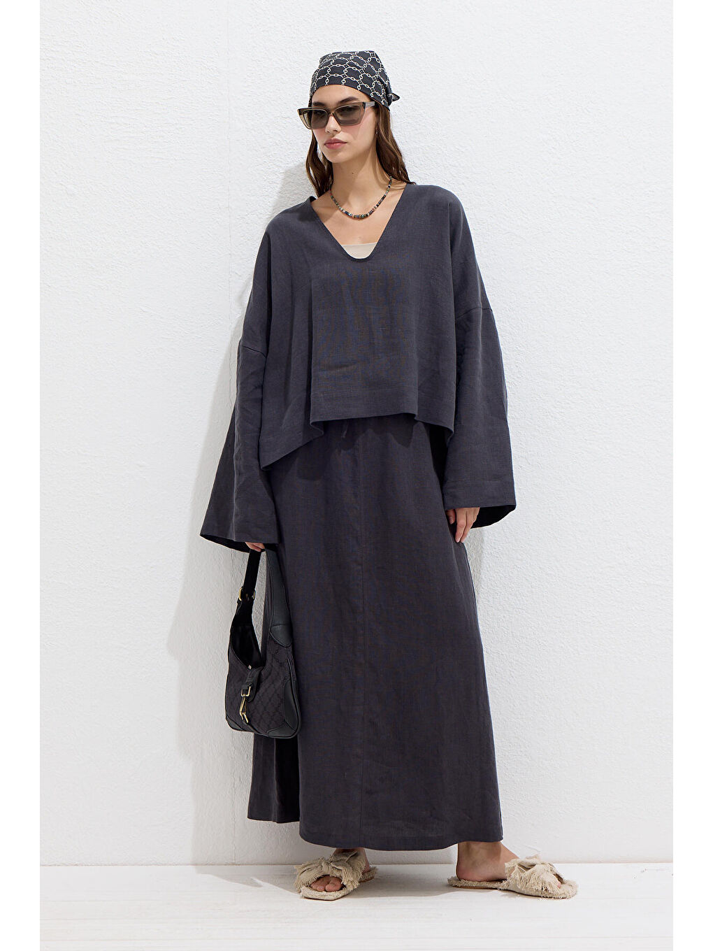 Premıum V Yaka Keten Bluz Antrasit