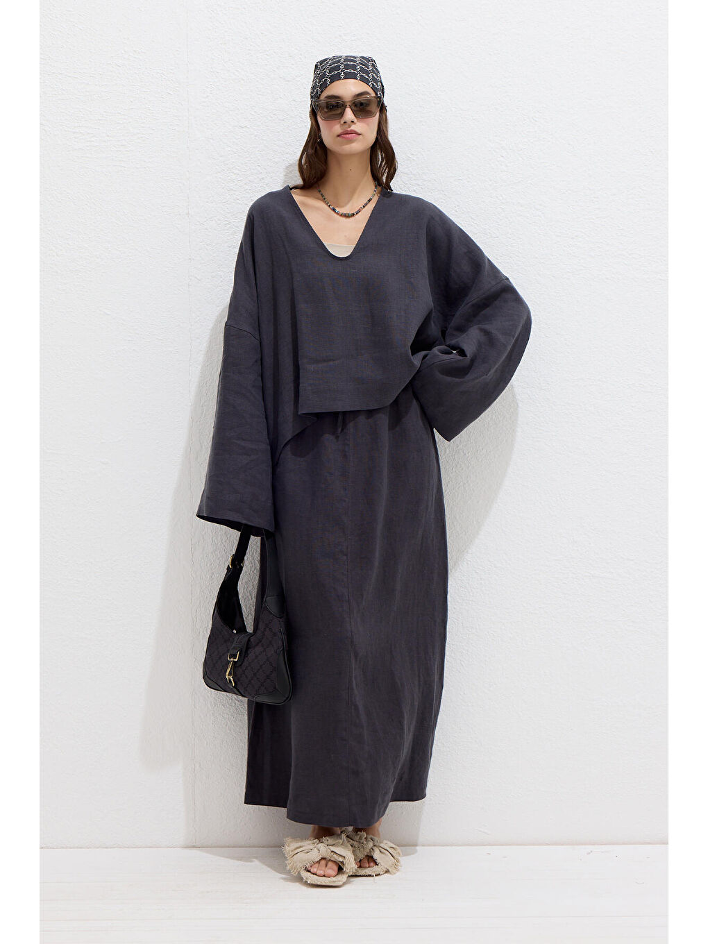 Premıum V Yaka Keten Bluz Antrasit-1