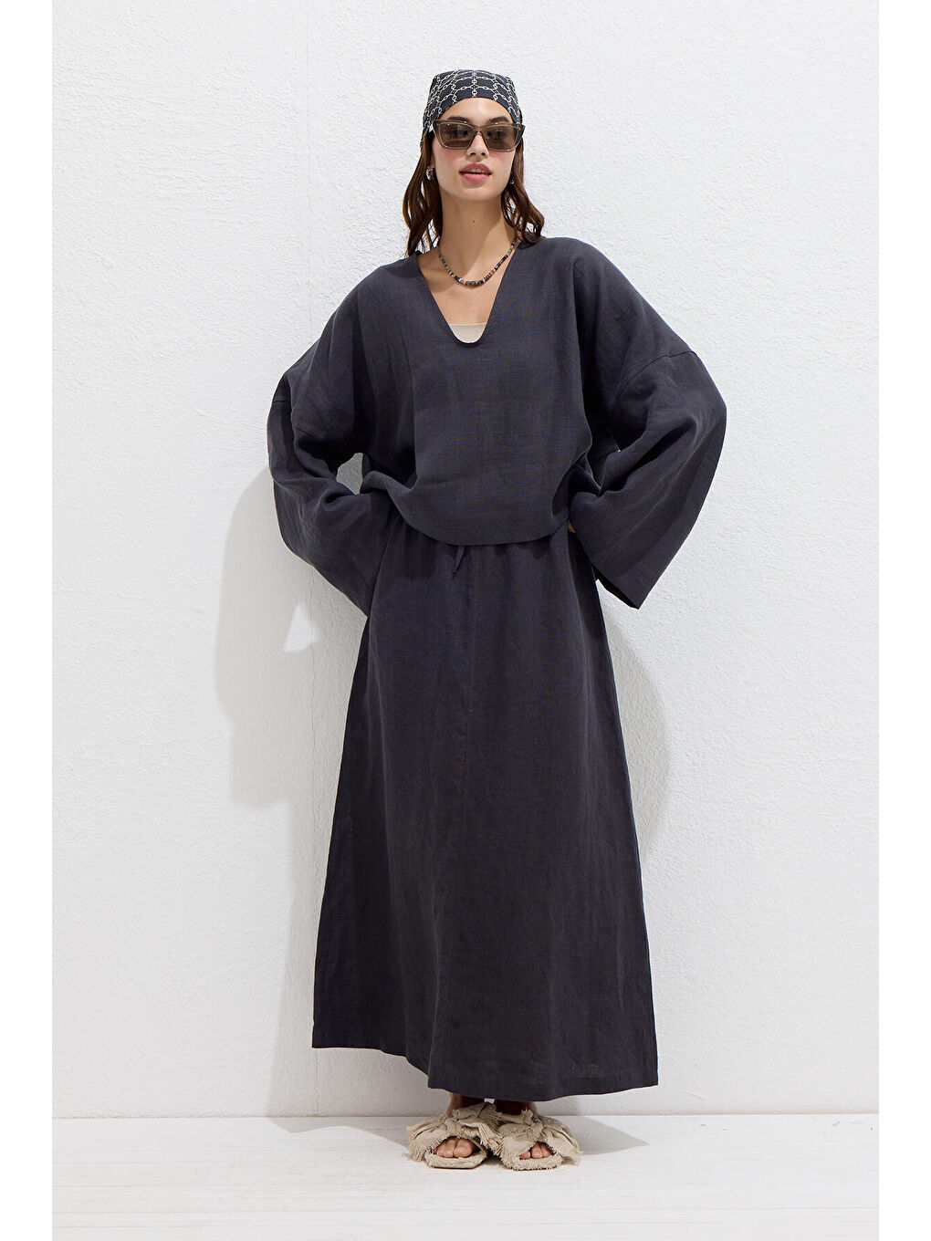 Premıum V Yaka Keten Bluz Antrasit-2