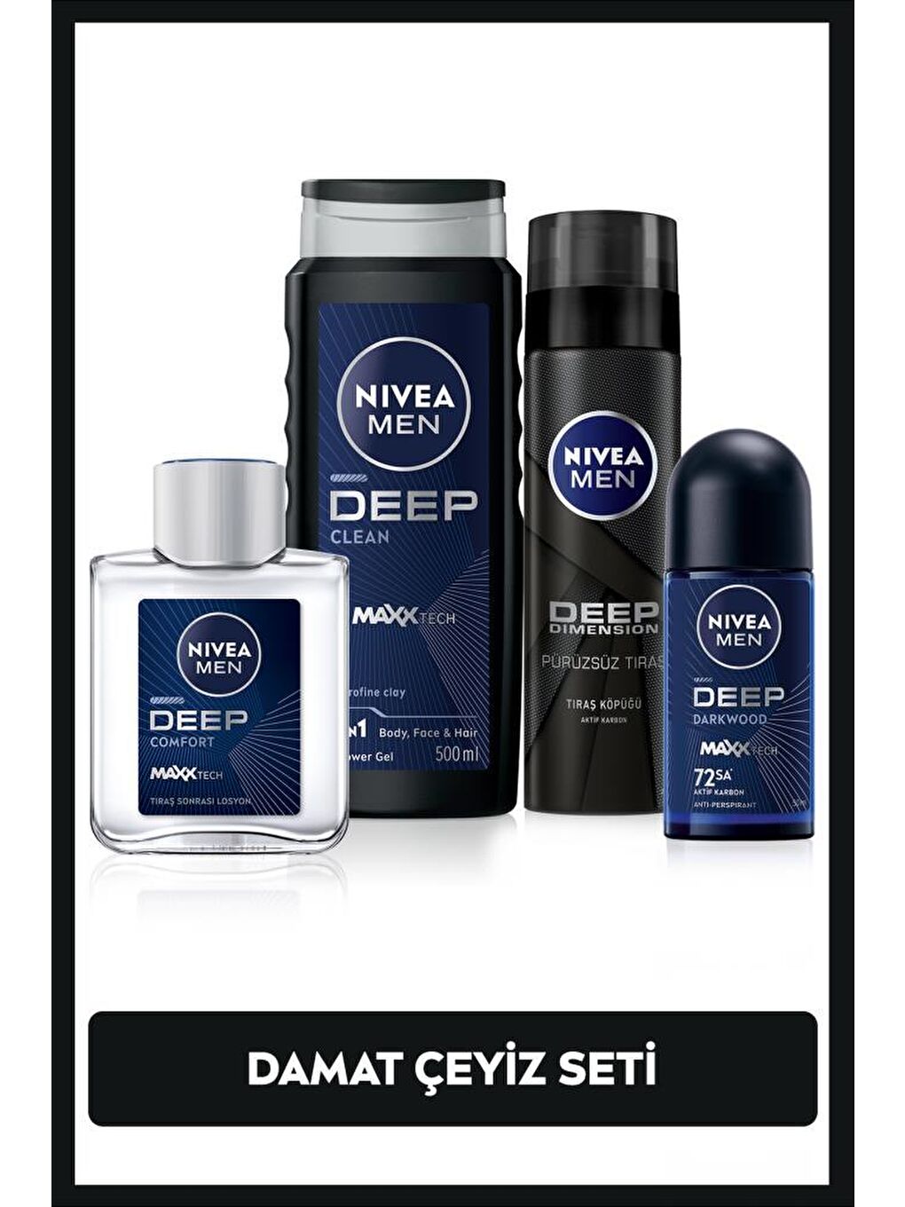 NIVEA MEN Erkek Damat Çeyiz Bohça Seti, Duş Jeli 500ml, Roll-on 50ml, Losyon 100ml, Tıraş Köpüğü 200ml