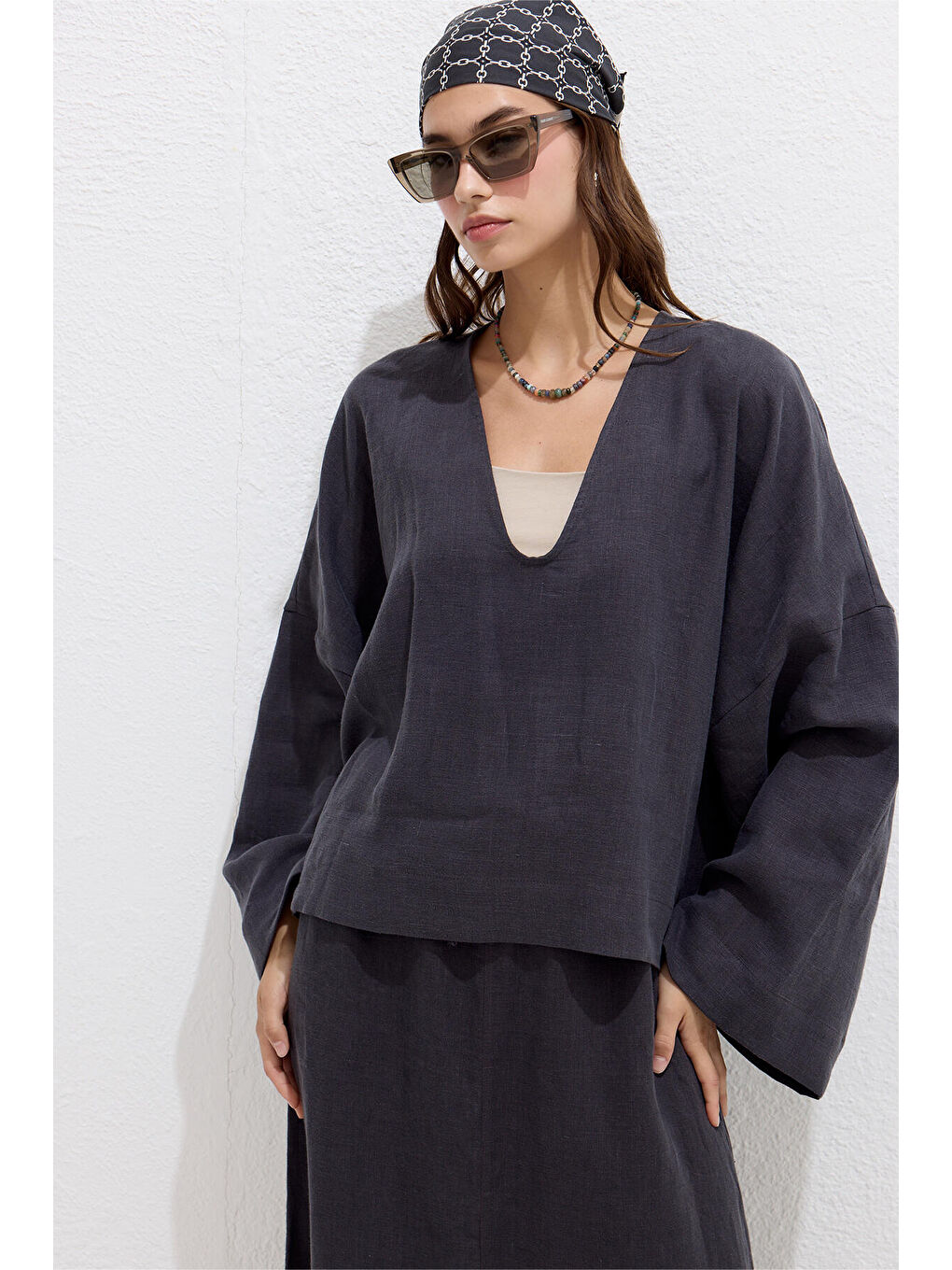 Premıum V Yaka Keten Bluz Antrasit-4