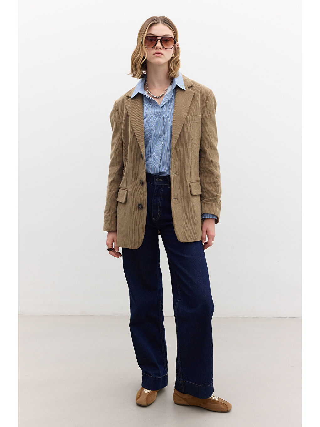 Kahverengi Fitilli Kadife Blazer Ceket Camel-4