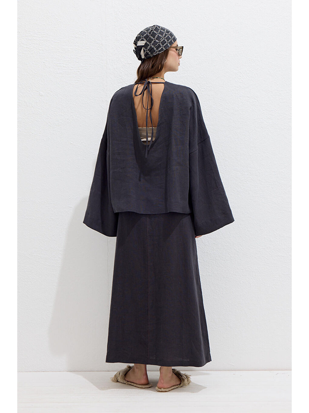 Premıum V Yaka Keten Bluz Antrasit-5