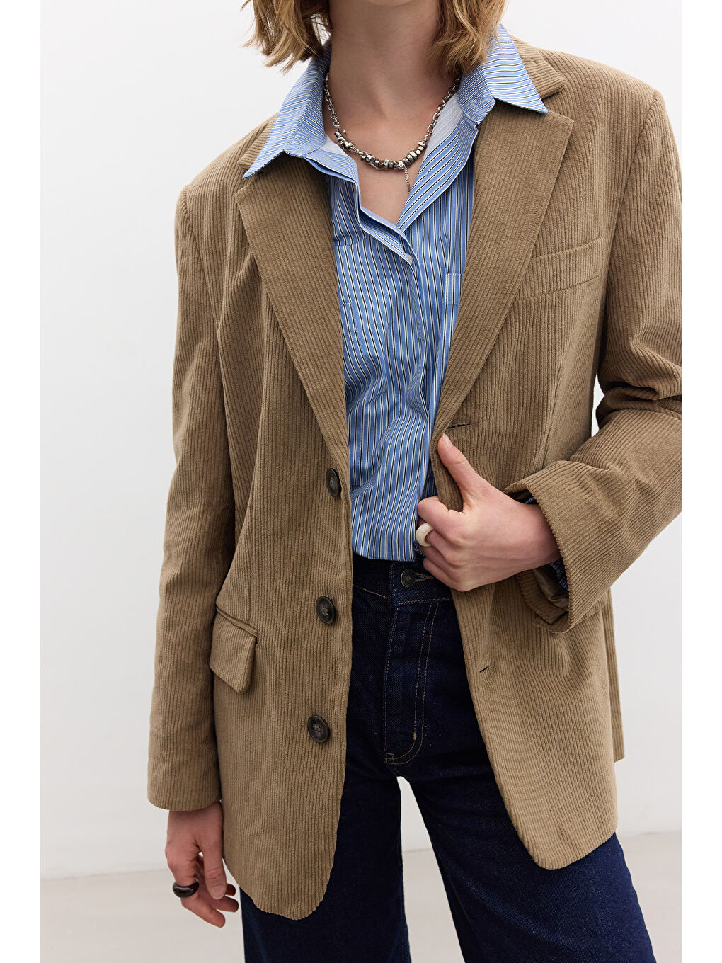 Kahverengi Fitilli Kadife Blazer Ceket Camel-5