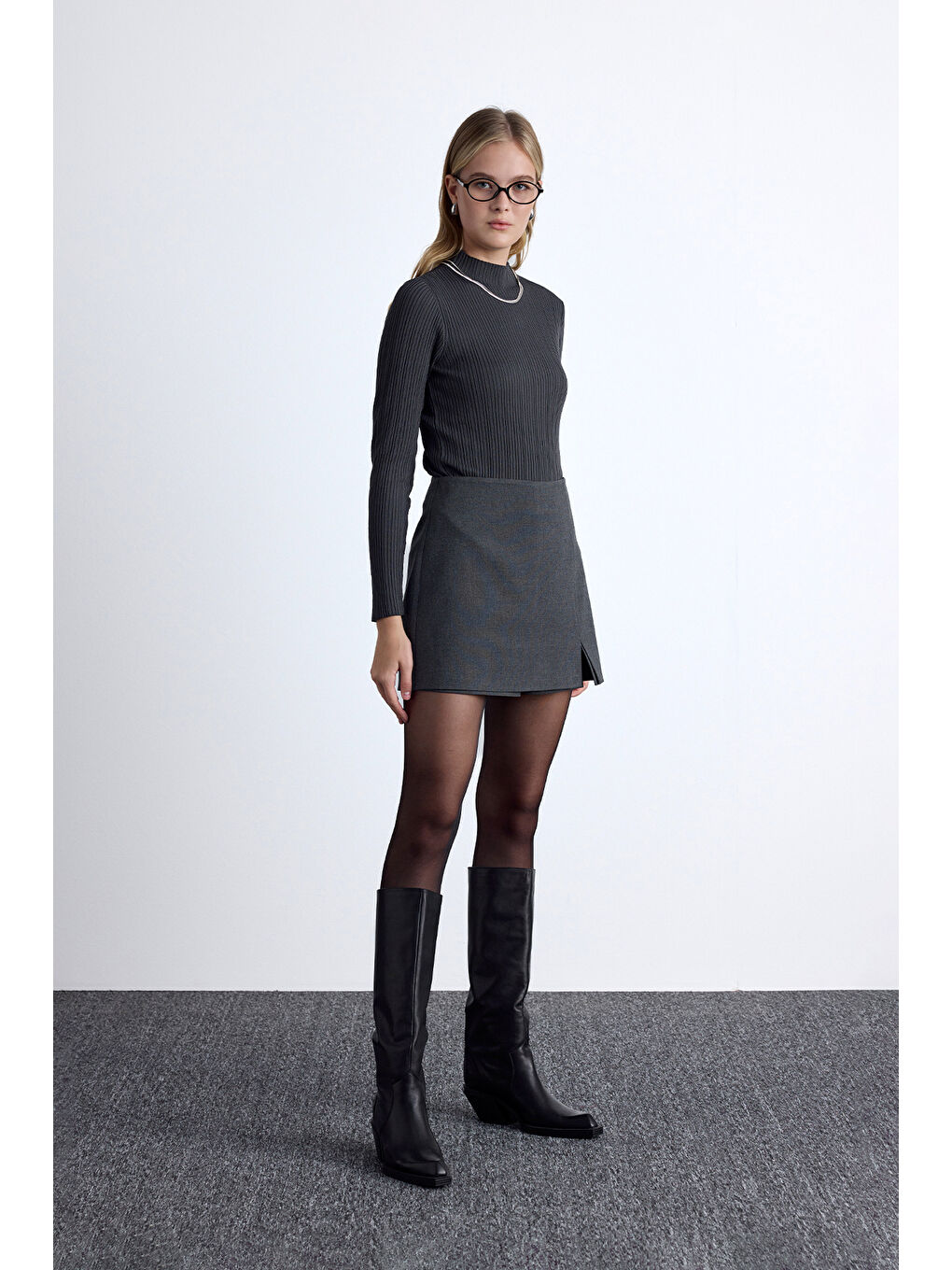 Yüksek Yaka Triko Bluz Antrasit-2