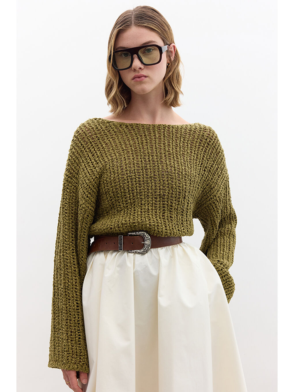 File Örgülü Triko Kazak Yeşil