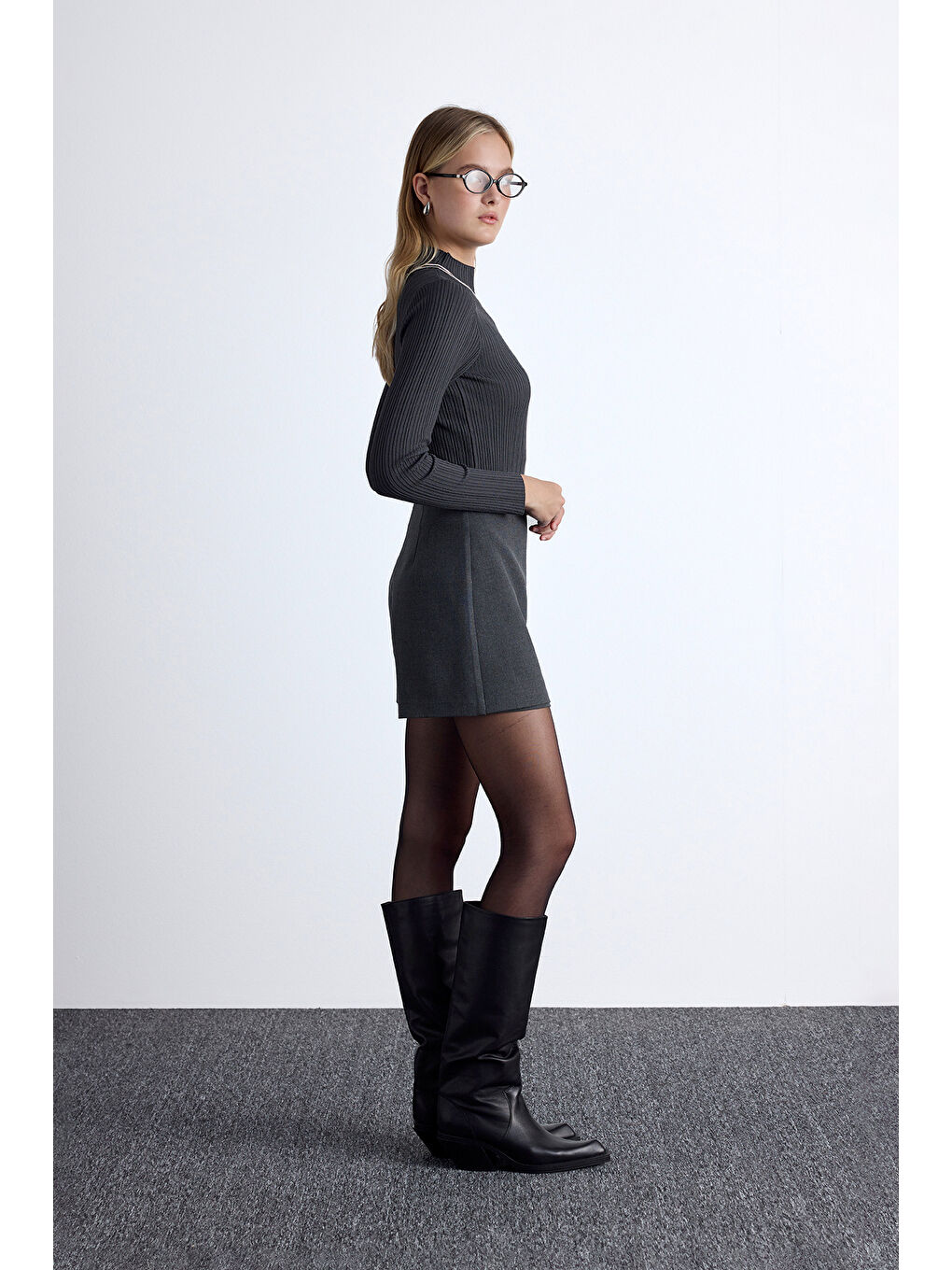 Yüksek Yaka Triko Bluz Antrasit-3