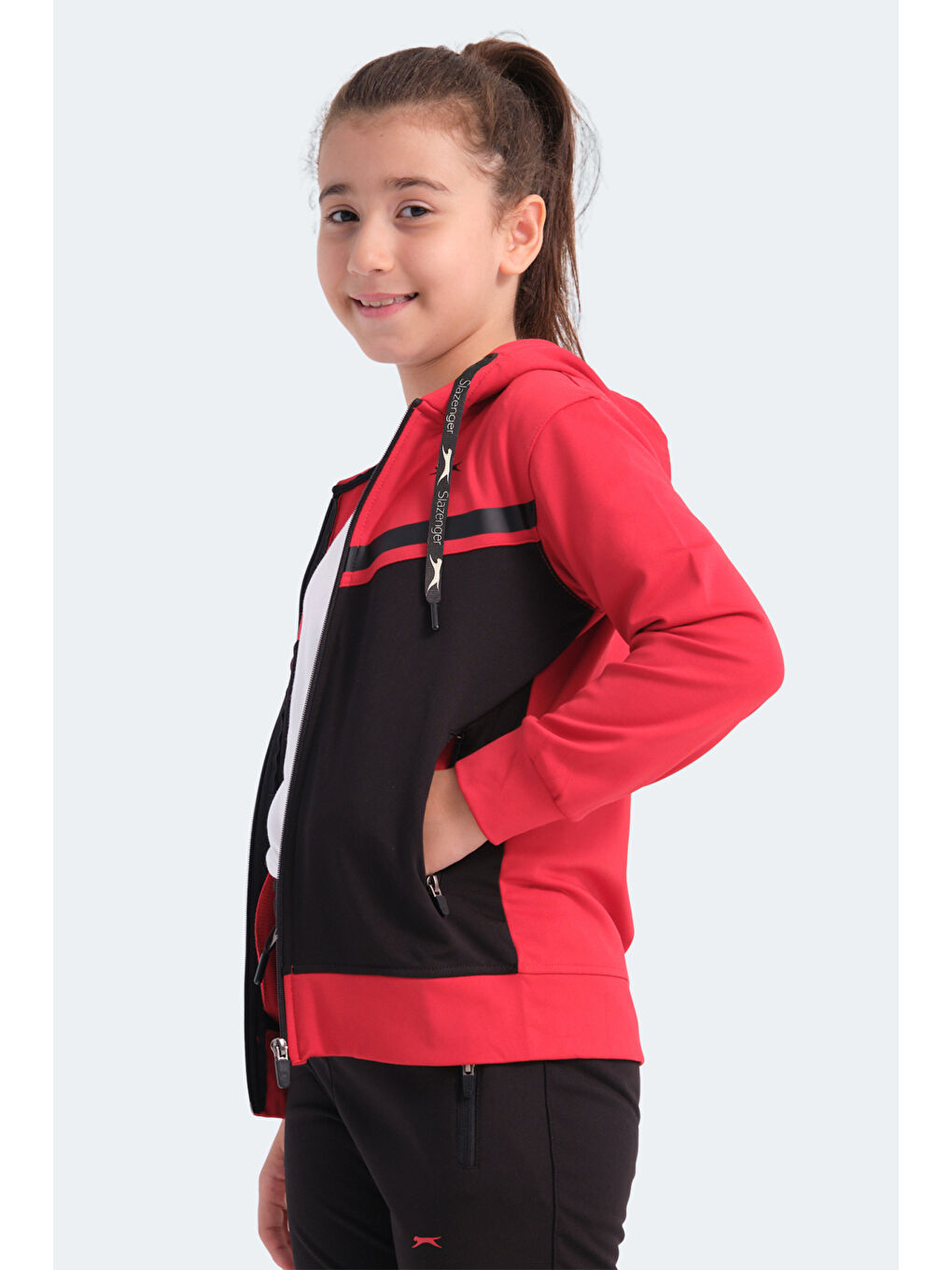 NOON Unisex Çocuk Fermuarlı Kapüşonlu Cepli Siyah / Kırmızı Eşofman Takımı-2