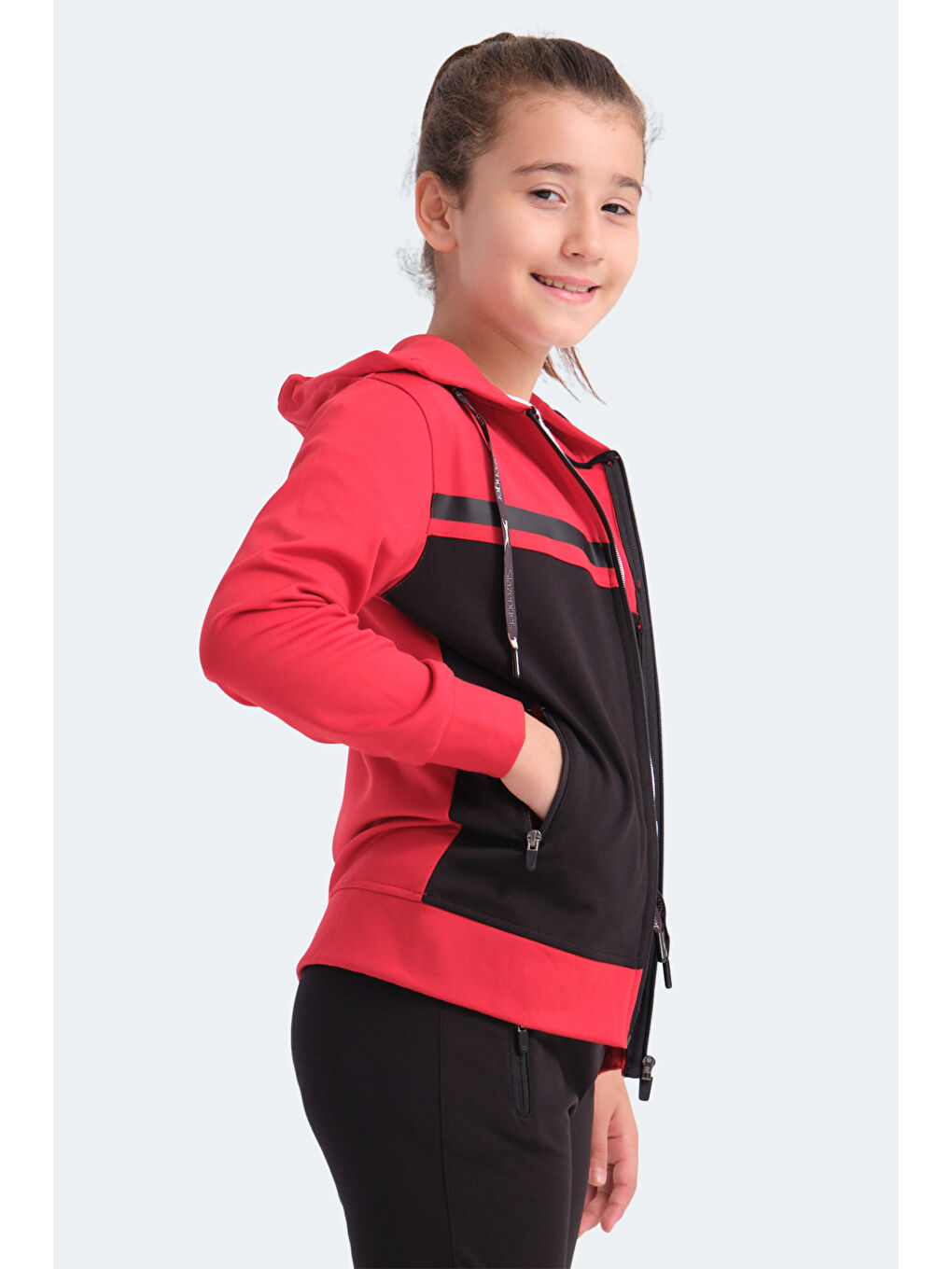 NOON Unisex Çocuk Fermuarlı Kapüşonlu Cepli Siyah / Kırmızı Eşofman Takımı-3