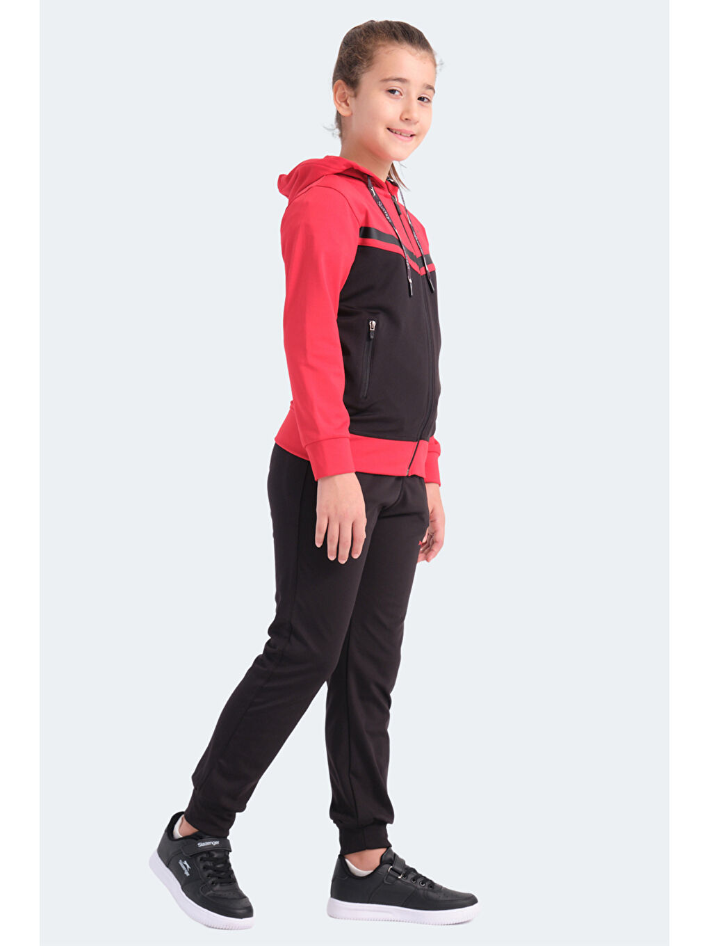 NOON Unisex Çocuk Fermuarlı Kapüşonlu Cepli Siyah / Kırmızı Eşofman Takımı-6